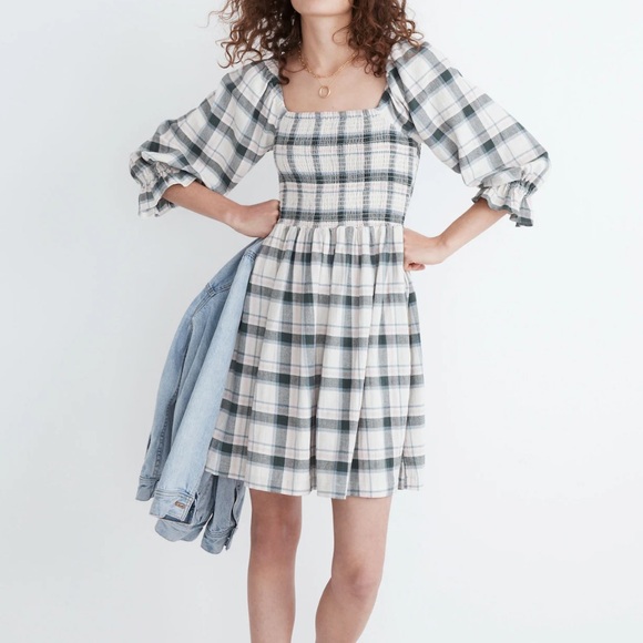 Madewell Dresses & Skirts - Madewell Women’s Lucie Elbow-Sleeve Smocked Mini Dress in Lebaum Plaid Small S